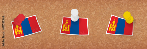 Mongolia flag pinned in cork board, three versions of Mongolia flag.
