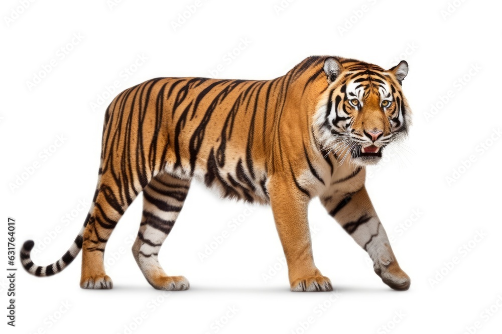 A majestic tiger walking gracefully on a pristine white background created with Generative AI technology