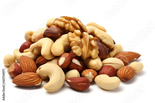 A variety of mixed nuts on a clean white background created with Generative AI technology