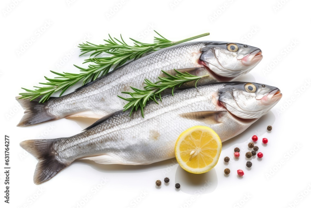 Two fresh fish with herbs and lemon on a clean white background created with Generative AI technology