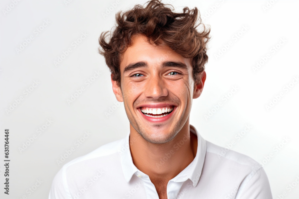 Closeup portrait of handsome smart-looking smiling with toothy smile male posing for social advertisement, isolated on white background with copy space for your promotional information 