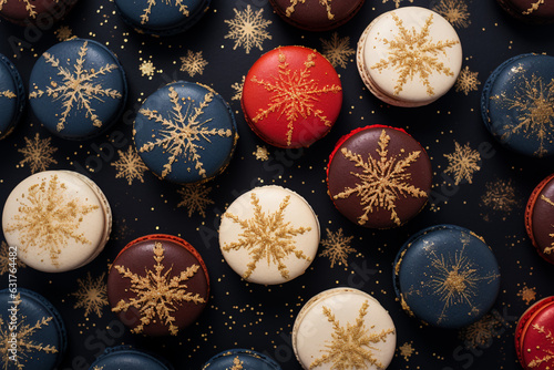 festive delicious macarons pattern beautifully decorated in red, dark blue and gold traditional Christmas colors, ornate