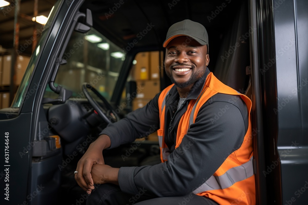 happy trucker in his delivery and moving container happy trucker in his delivery and moving container
