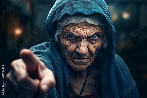 veiled old woman with defiant blue eyes