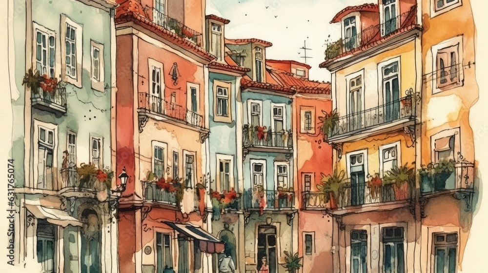 Travel illustration. Portugal. Art, minimalism, romanticism, watercolors, pastels. Generative AI.