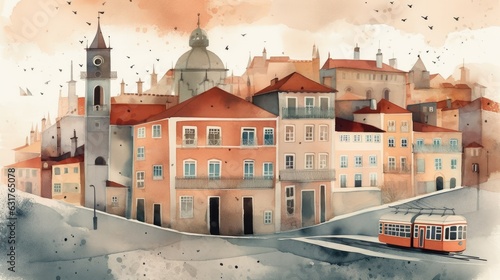 Travel illustration. Portugal. Art, minimalism, romanticism, watercolors, pastels. Generative AI.
