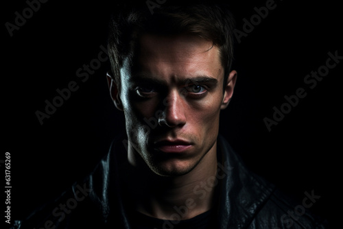 Dramatic portrait of a guy on a black background, dark light photography