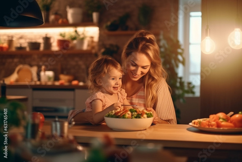 Young mother and little daughter at kitchen  lights in bokeh on background