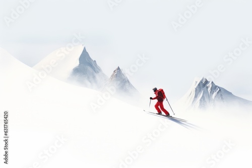Ascenso a la montaña nevada, preciosa imagen minimalista ascendiendo con esquís  photo