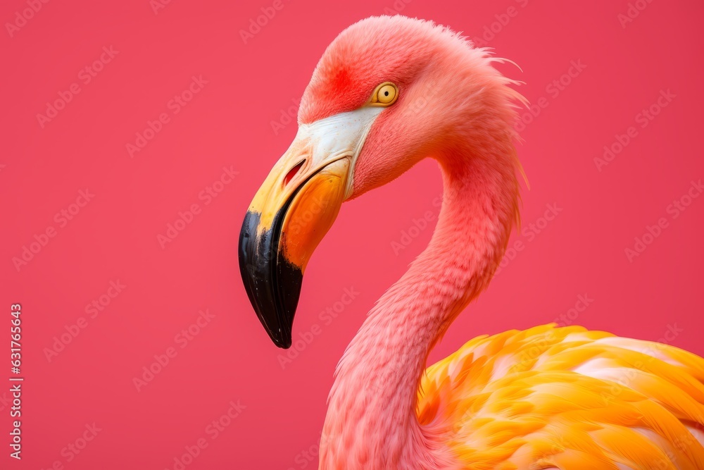 Obraz premium Ave tropical con fondo rosa, background aesthetic minimalista flamenco 