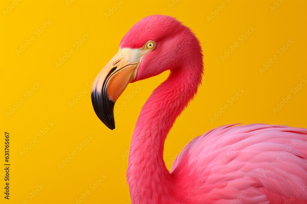 Fototapeta premium Flamenco rosa aesthetic en fondo amarillo, close-up flamenco minimalista 