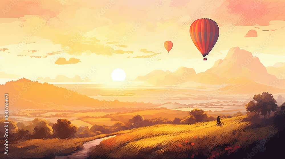 Travel illustration. Hot air balloon in the sky. Art, minimalism, romanticism, watercolors, pastels. Generative AI.