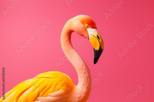 Flamenco rosa y plumas amarillas aesthetic en fondo rosa, close-up flamenco minimalista 
