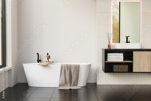 3D modern bathroom interior with bathtub. 3D rendering of bathtub on tiles floor with sink against white wall. 3D illustration.