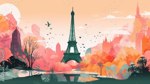 Travel illustration. Eiffel Tower. Art, minimalism, romanticism, watercolors, pastels. Generative AI.