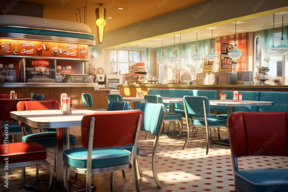 Classic diner cafe interior, 1950s style classic