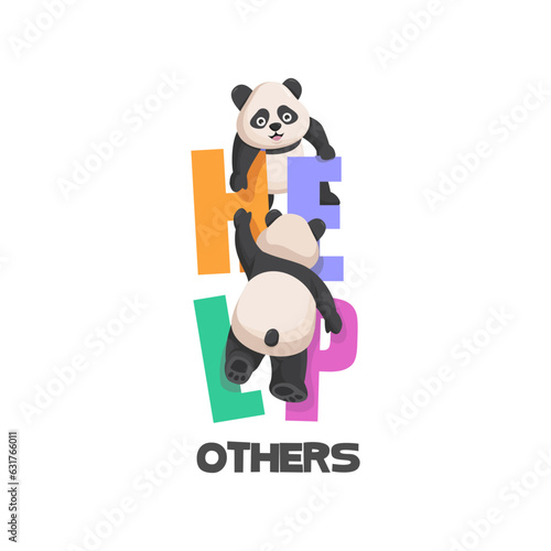 vector illustration of two pandas holding each other helping their friend to climb, moral message, simple design for t shirt, background, website and banner