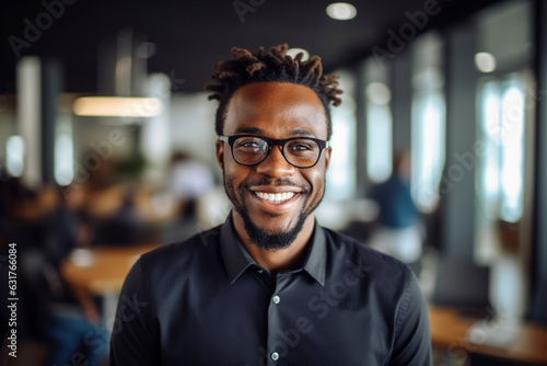 Friendly and smiling young african american professional businessman looking at camera in modern office