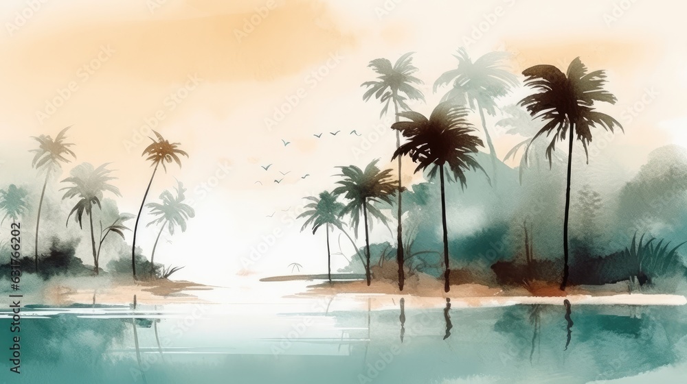 Travel illustration. Tropical island with palm trees. Art, minimalism, romanticism, watercolors, pastels. Generative AI.