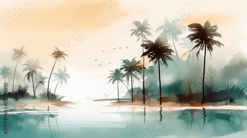 Travel illustration. Tropical island with palm trees. Art, minimalism, romanticism, watercolors, pastels. Generative AI. © Dmitry