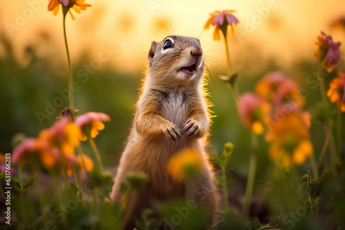 Adorable Ground Squirrel Among Flowers in Warm Spring Sunset - Created with Generative AI Tools