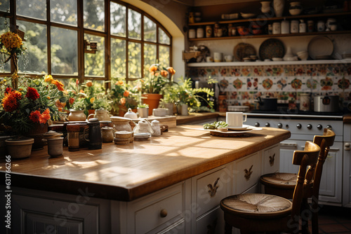 interior of stylish and vintage kitchen of old house in village