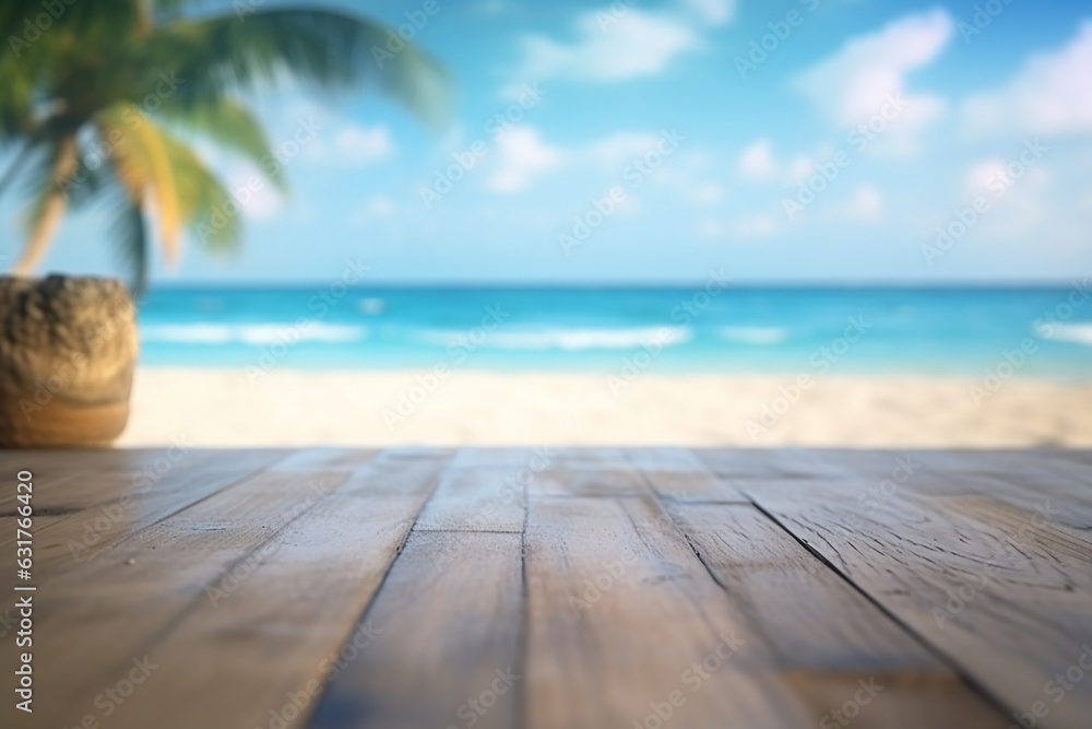 Serenely Blurred Tropical Sandy Beach with Cool Sea Background and Wooden Floor Foreground on the Horizon - Created with Generative AI Tools