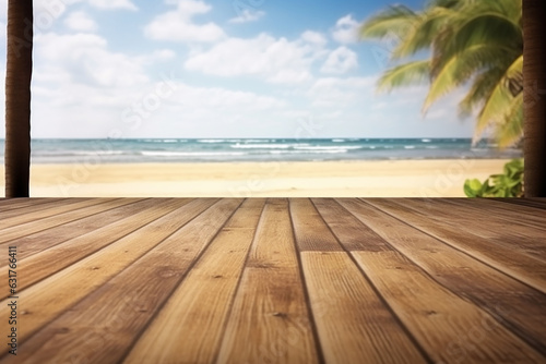 Serenely Blurred Tropical Sandy Beach with Cool Sea Background and Wooden Floor Foreground on the Horizon - Created with Generative AI Tools