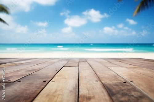 Serenely Blurred Tropical Sandy Beach with Cool Sea Background and Wooden Floor Foreground on the Horizon - Created with Generative AI Tools