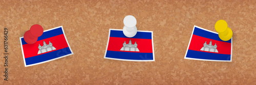 Cambodia flag pinned in cork board, three versions of Cambodia flag.