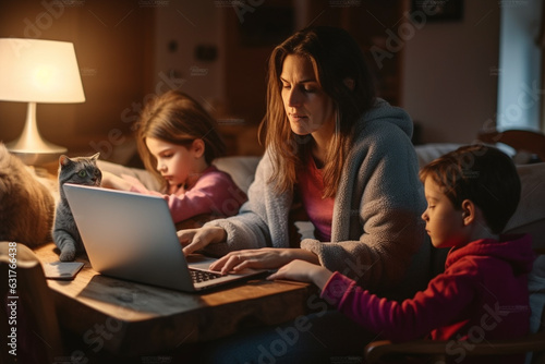 Mother with children sits at table and working at home