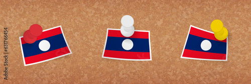 Laos flag pinned in cork board, three versions of Laos flag.