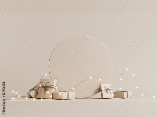 3d render of Christmas card. Festive pastel background with Christmas wreath, gifts and garland. Modern minimalist podium, showcase for product presentations and advertising. Happy New Year banner.