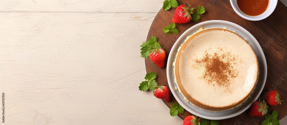A homemade cheesecake with fresh strawberries on top, served with coffee as a healthy organic summer berry dessert. top view with copy space included. A homemade cheesecake with fresh strawberries on top, served with coffee as a healthy organic summer berry dessert. top view with copy space included.