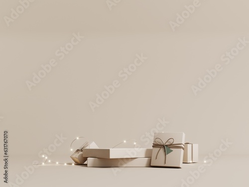 3d render of Christmas card. Festive pastel background with Christmas wreath, gifts and garland. Modern minimalist podium, showcase for product presentations and advertising. Happy New Year banner.