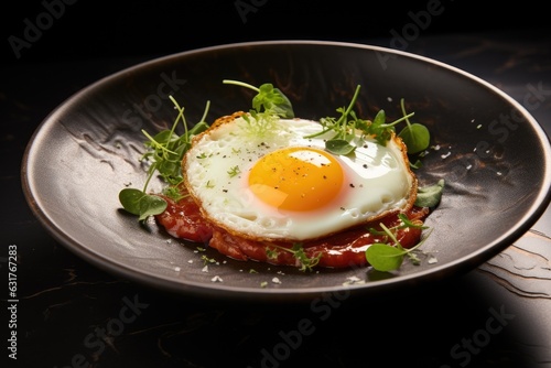 Fresh gourmet meal fried egg on plate.