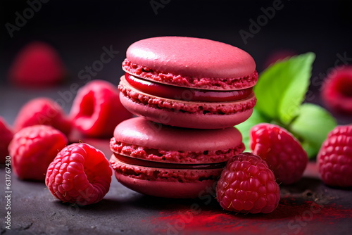 Vászonkép two raspberry macarons with fresh raspberries on black studio background
