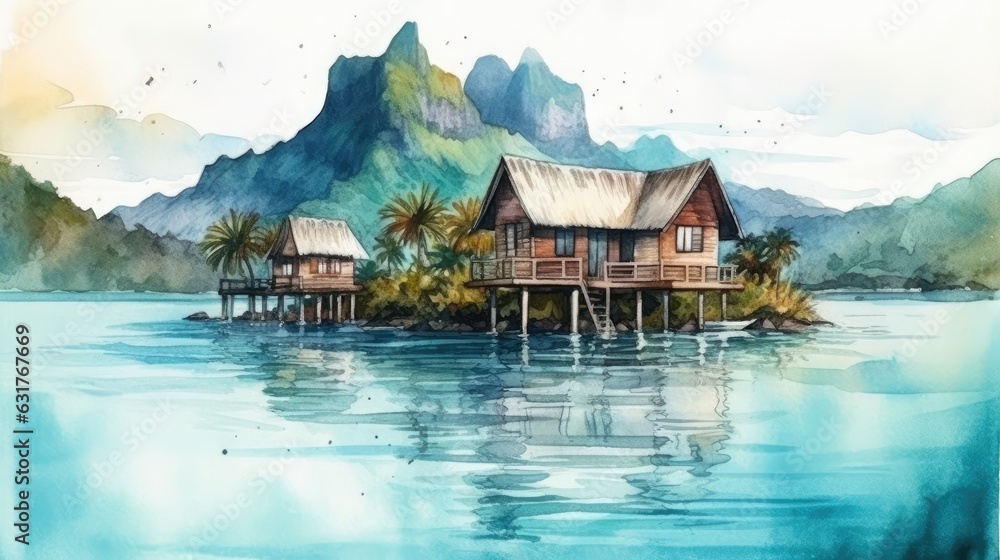 Travel illustration. French Polynesia. Art, minimalism, romanticism, watercolors, pastels. Generative AI.