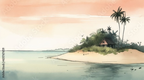 Travel illustration. Fuji island. Art, minimalism, romanticism, watercolors, pastels. Generative AI.	 photo