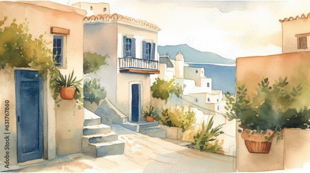 Travel illustration. Greece. Art, minimalism, romanticism, watercolors, pastels. Generative AI.