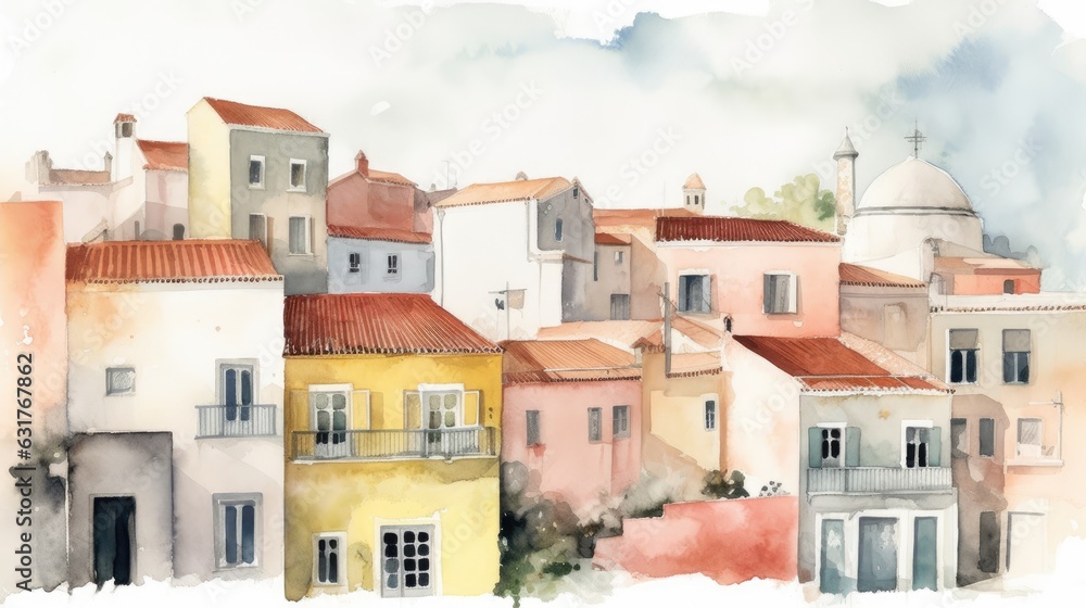 Travel illustration. Greece. Art, minimalism, romanticism, watercolors, pastels. Generative AI.