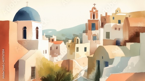 Travel illustration. Greece. Art, minimalism, romanticism, watercolors, pastels. Generative AI. © Dmitry