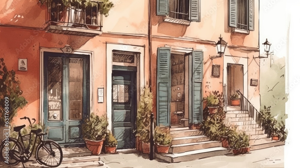 Travel illustration. Italy. Art, minimalism, romanticism, watercolors, pastels. Generative AI.