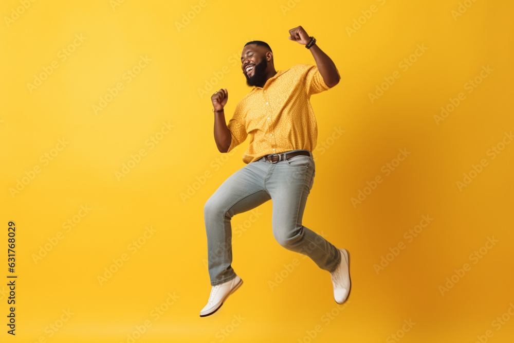 Happy relaxed black man dancing against yellow background, having fun on party