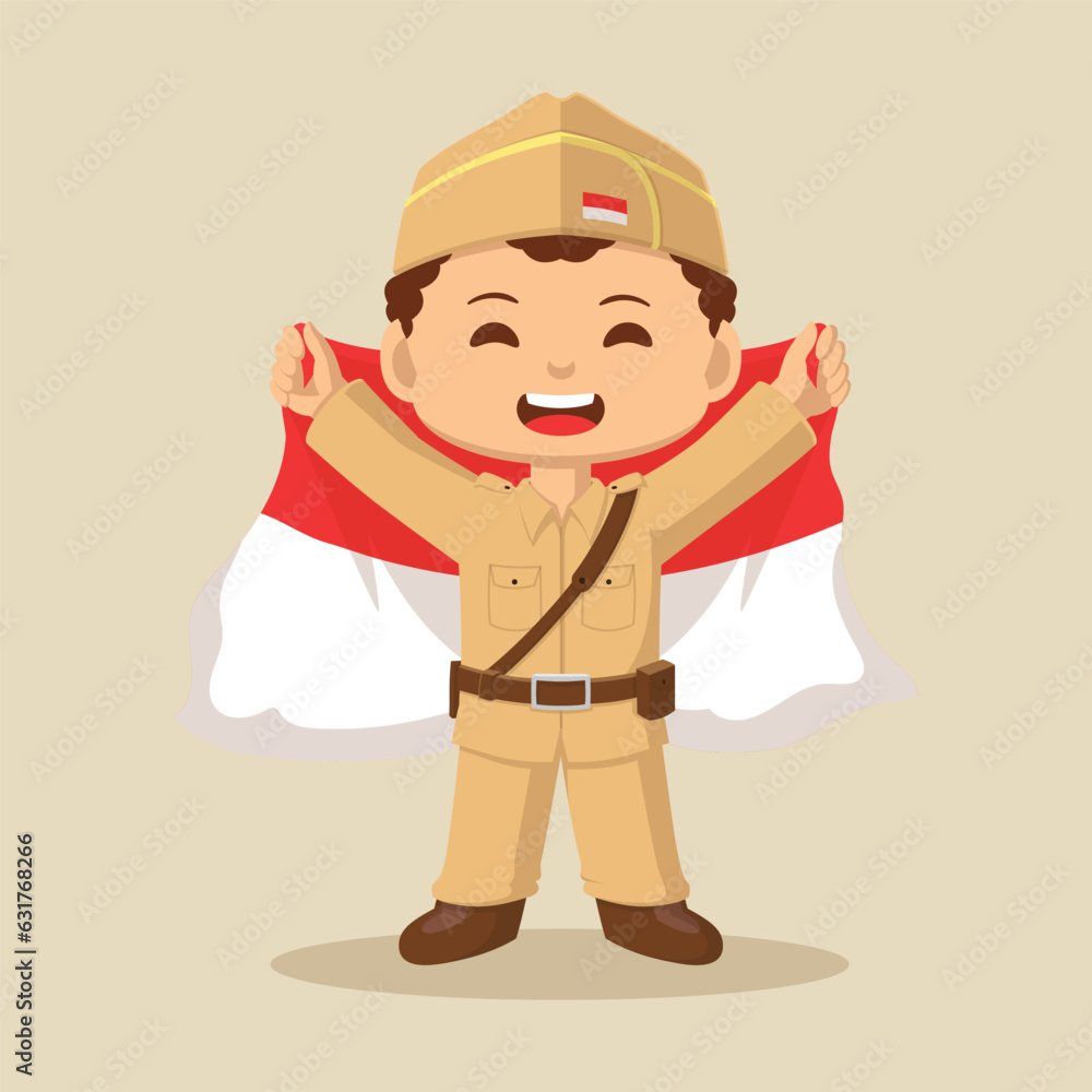Illustration of a cute boy holding the Indonesian flag with joy