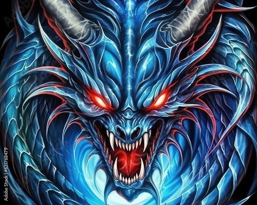 A magnificent blue dragon with fiery red eyes appears.  Generative AI 