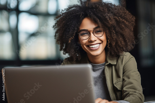Image of cheerful african american woman in eyeglasses using laptop