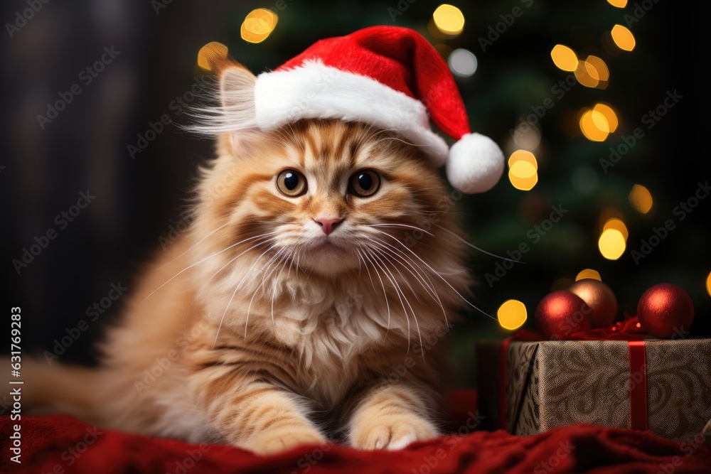 The cat is dressed like Santa Claus and wears red Santa hats. The Christmas tree and gifts can be seen in the background The cat is dressed like Santa Claus and wears red Santa hats. The Christmas tree and gifts can be seen in the background