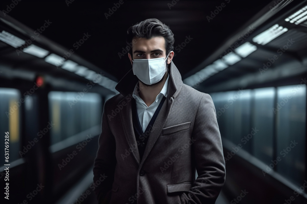 Male entrepreneur wearing mask while leaning on white wall at station, dark light photography