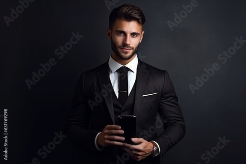 Man in suit using smart phone, Portrait attractive cheerful guy using phone, calling on mobile phone, Handsome man with smart phoneon studio isolated background, Banner, copy space